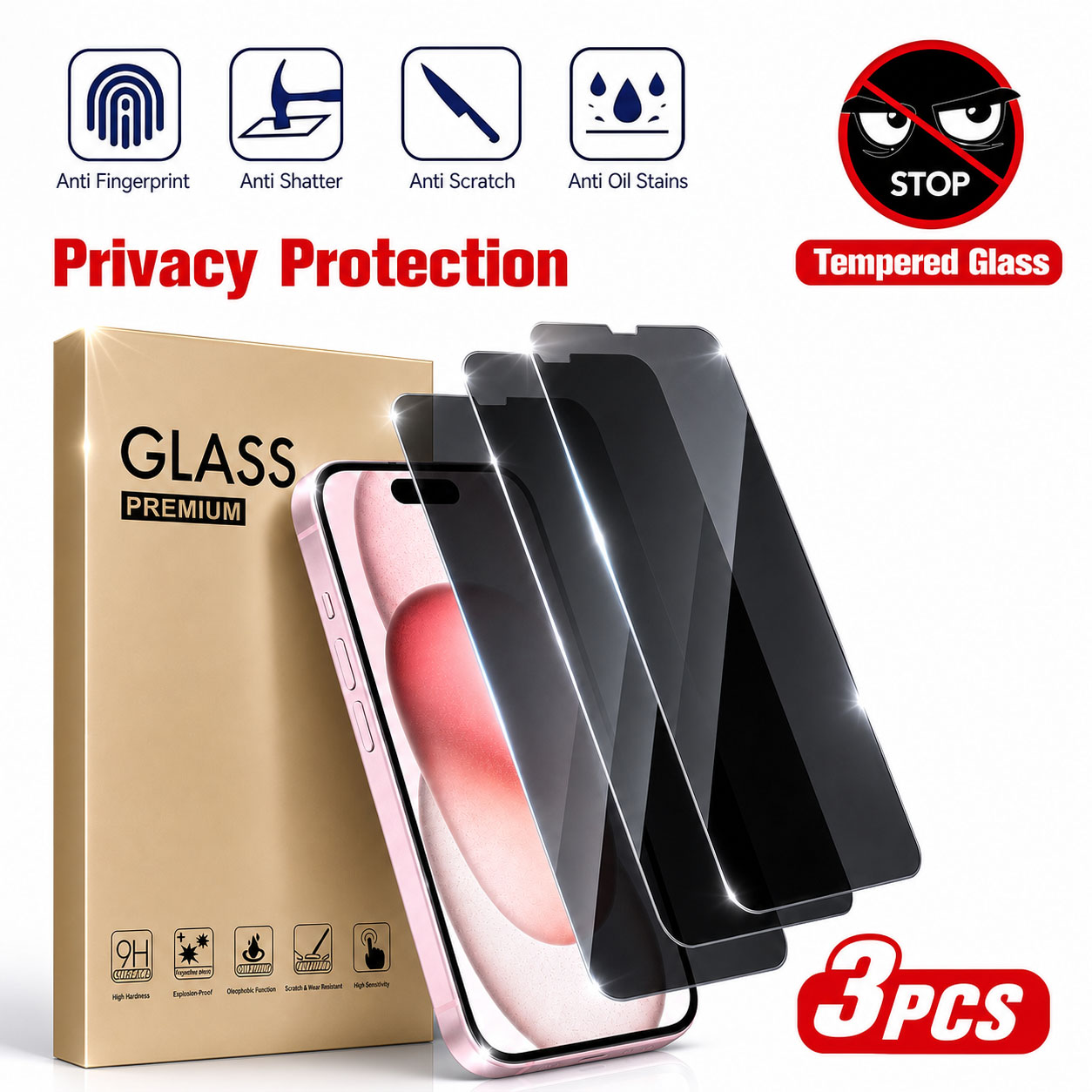 Anti Spy Privacy Glass Case - ฟิล์มกันรอยหน้าจอ 3 ชิ้น, ใช้ได้กับ Apple 17/17Pro/17Promax,