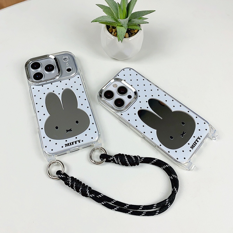 Cute Cartoon Wrist Strap Silicone Case - เคสโทรศัพท์ลายการ์ตูนมิฟฟี่น่ารัก พร้อมกระจกแต่งหน้าสุดหรู สำหรับ iPhone 15 16