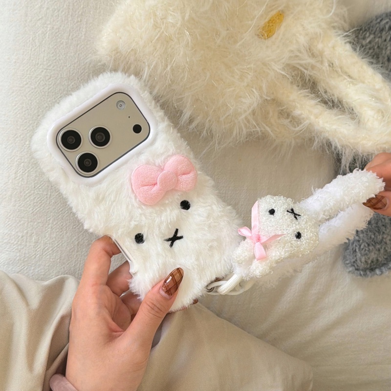 Cute Cartoon Wrist Strap Silicone Case - เคสโทรศัพท์ลายการ์ตูนน่ารัก ขนฟูสีขาว ลายมิฟฟี่ สำหรับ iPhone 17