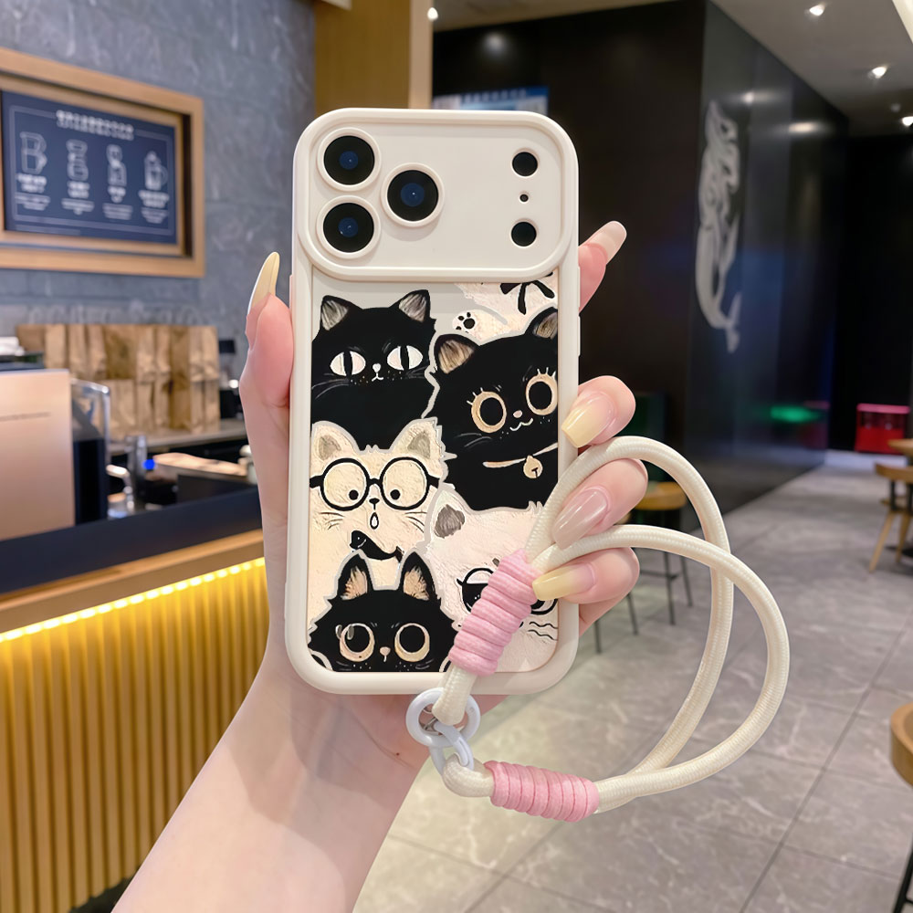 Cute Cartoon Wrist Strap Silicone Case - เคสโทรศัพท์ลายการ์ตูนแมวน่ารัก สายคล้องกันกระแทก สำหรับ iPhone 17 16