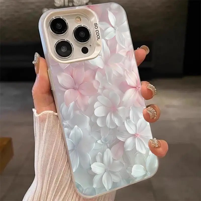 Screen Protectors - เคสลายดอกไม้สีชมพูสำหรับ iPhone 15Pro 17 16 14