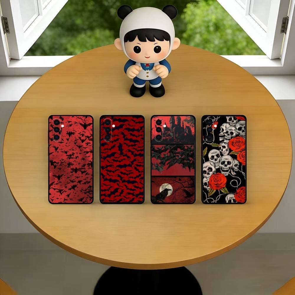 Vintage Floral Pattern Soft Case - วินเทจ แดง ลายกะโหลกค้างคาว เคสโทรศัพท์สำหรับซัมซุงกาแล็กซี่ A73,A72,A71,A70,A53,A52,A51,อื่นๆปกสีดำนุ่ม