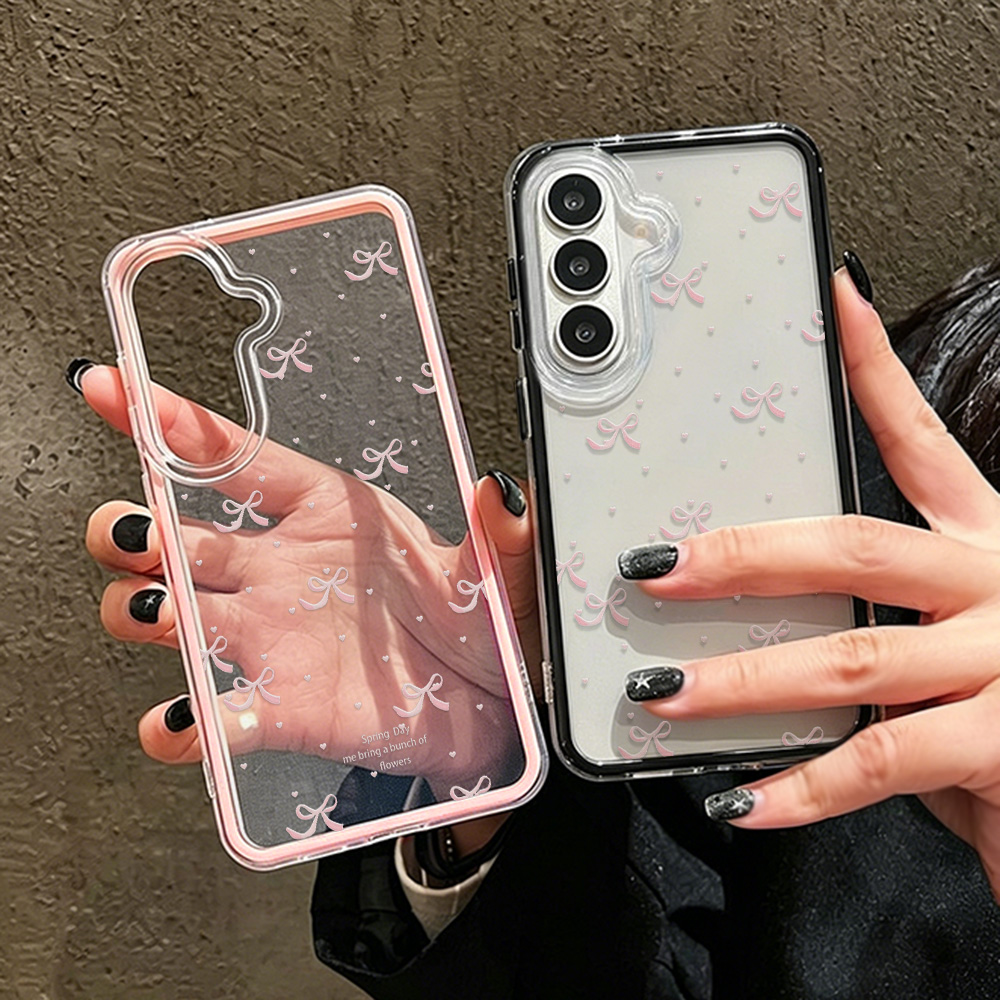 Clear Shockproof Bumper Case - เคสโทรศัพท์น่ารักสีชมพูประดับโบว์นุ่ม สำหรับ Samsung A57 A17 A07