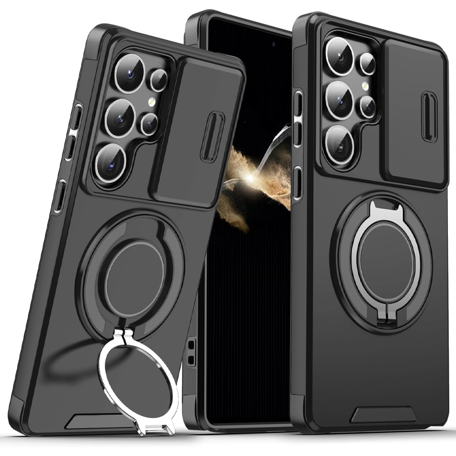 Heavy Duty 360 Full Body Protective Case - เคสโทรศัพท์กันกระแทกแบบแม่เหล็กสำหรับงานหนัก พร้อมฝาปิดเลนส์กล้องแบบเลื่อนและระบบป้องกัน 360 องศา ° ขาตั้งแบบวงแหวนโลหะหมุนได้,